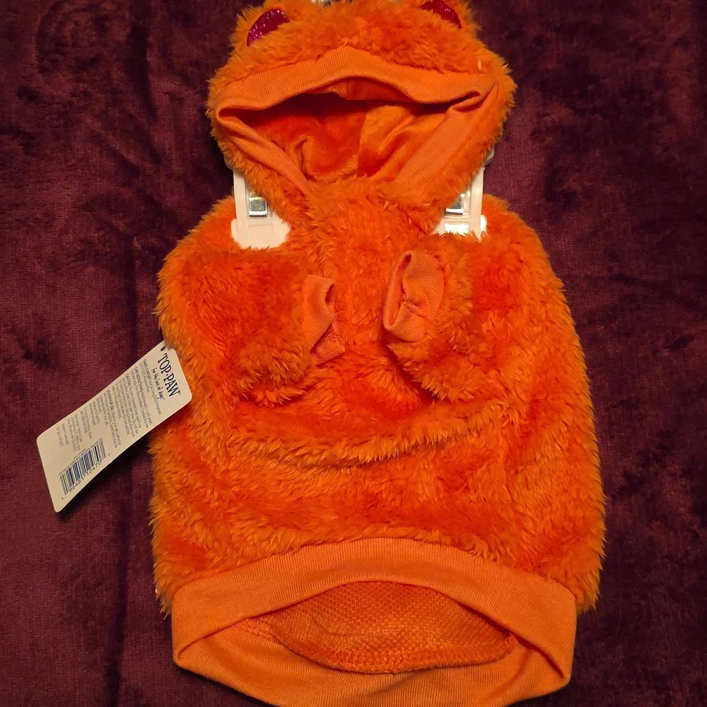 Top Paw Vibrant Orange Fuzzy Dog Hoodie Pink Glitter Ears & A Rabbit Tail XS Nwt